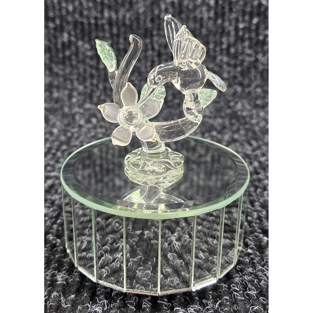 Vtg Blown Glass Hummingbird Flower Music‎ Box Mirrored Rotating Stand Figurine